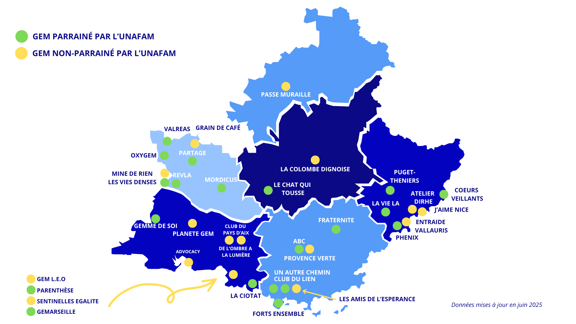 Carte des 20 GEM parrainés par l'UNAFAM PACA