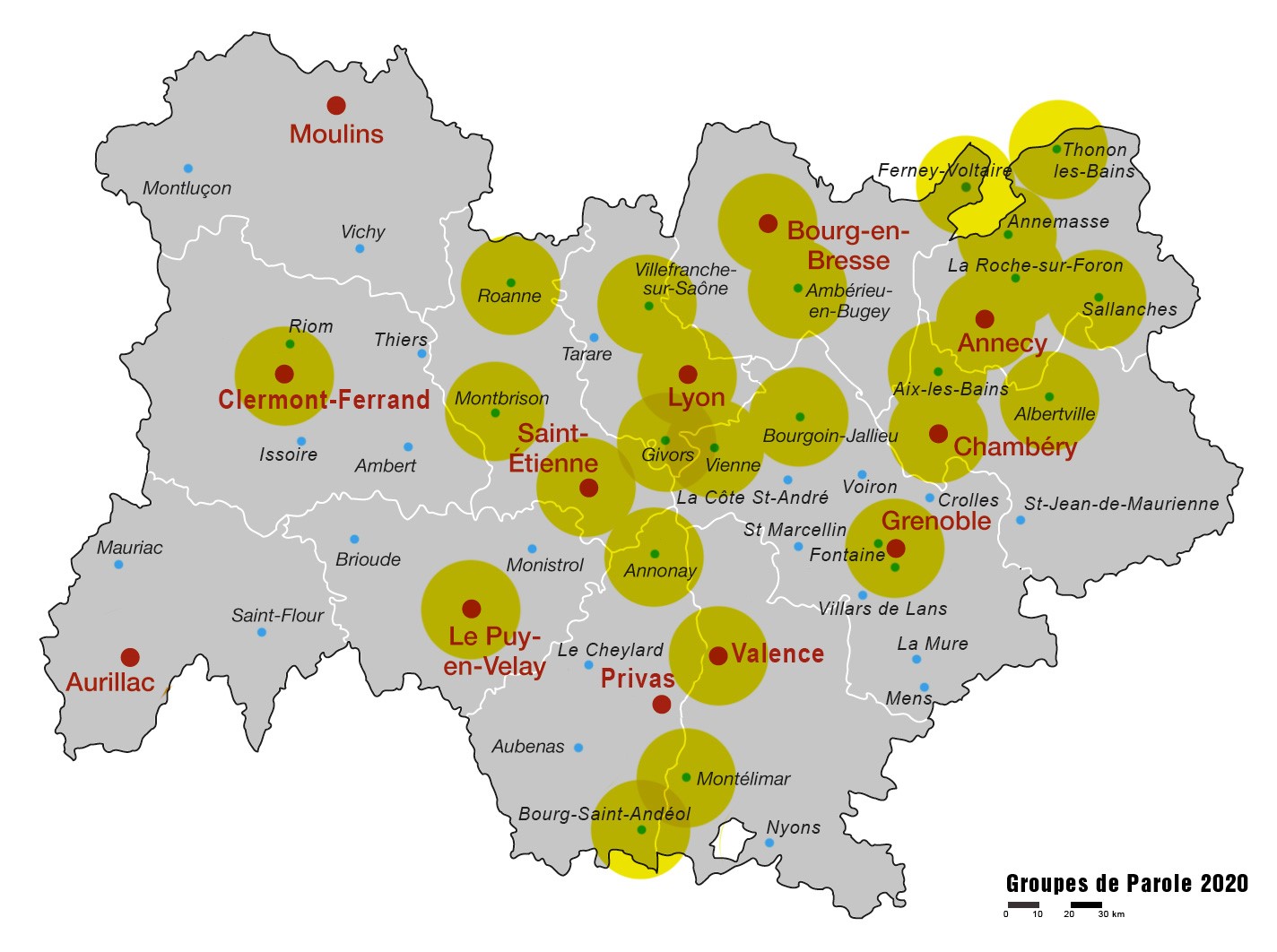 Carte des différents lieux des groupes de parole de la région