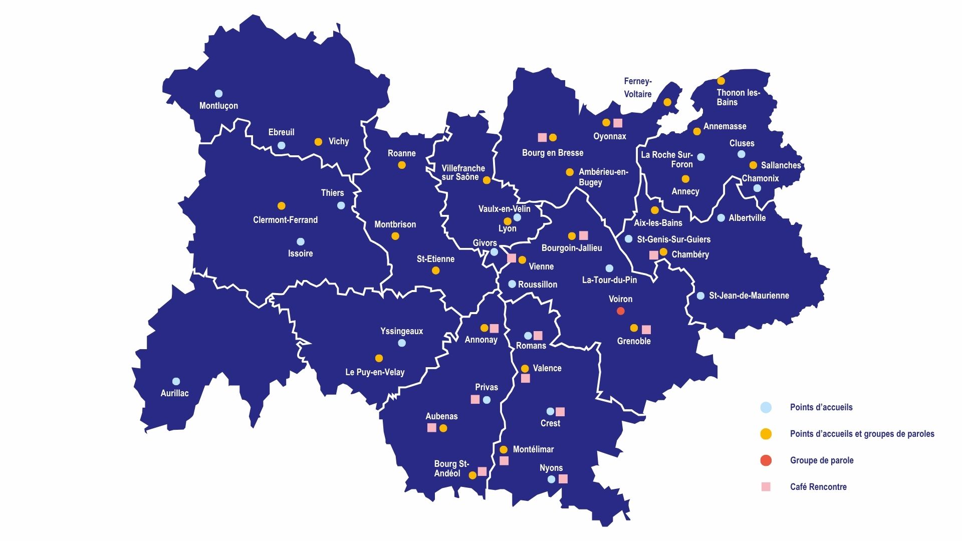 Carte des points d'accueils, gdp et cafés rencontres