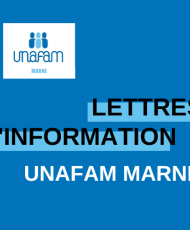 Fond bleu - Logo UNAFAM Marne - Texte "Lettres d'information UNAFAM MARNE" en noir et blanc sur fond bleu ciel