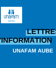 Fond bleu - Logo UNAFAM Aube - Texte "Lettres d'information UNAFAM MARNE" en noir et blanc sur fond bleu ciel